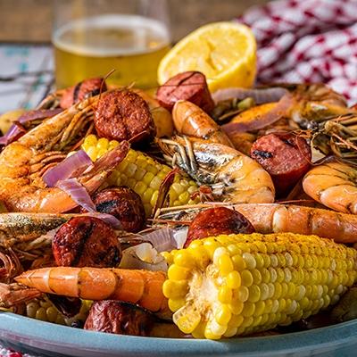 Boiled shrimp on a platter Southern US style. Low country boil.