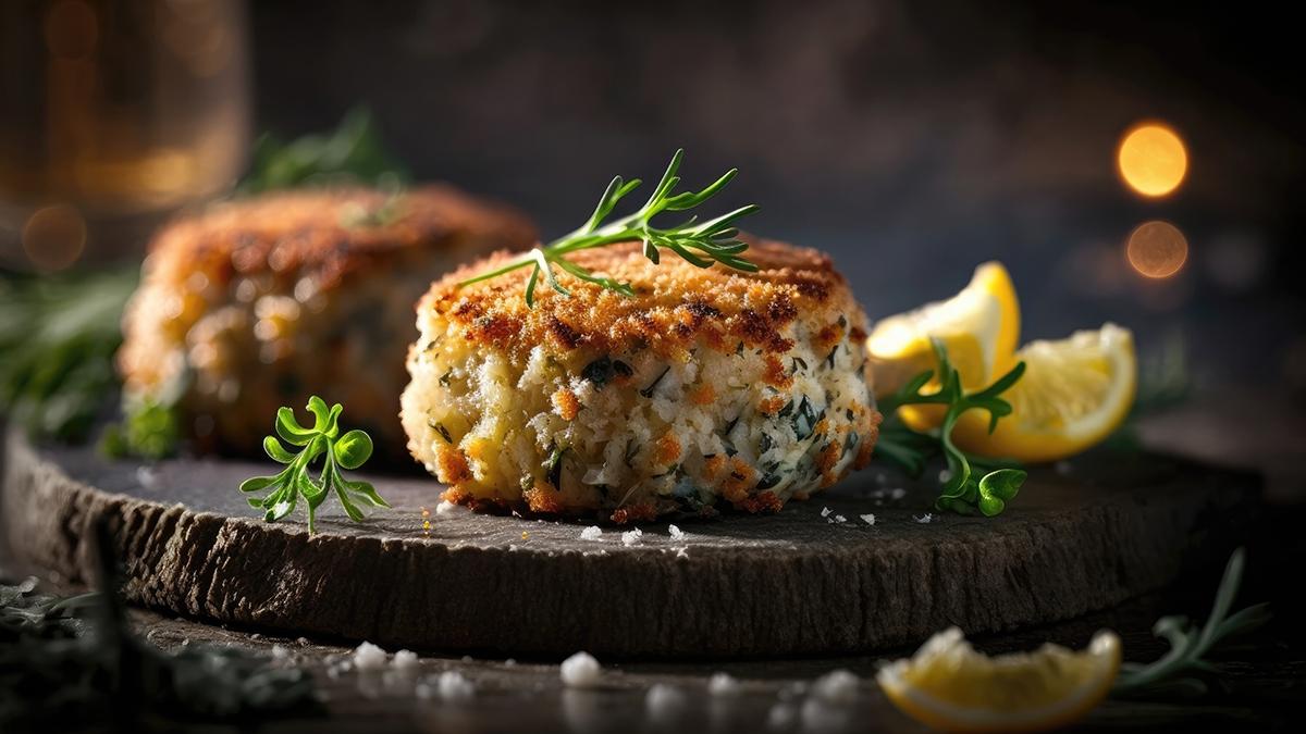 Article Cards Featured Image Crab Cakes on Stone, Blurred Background, Rustic Pub. Generative