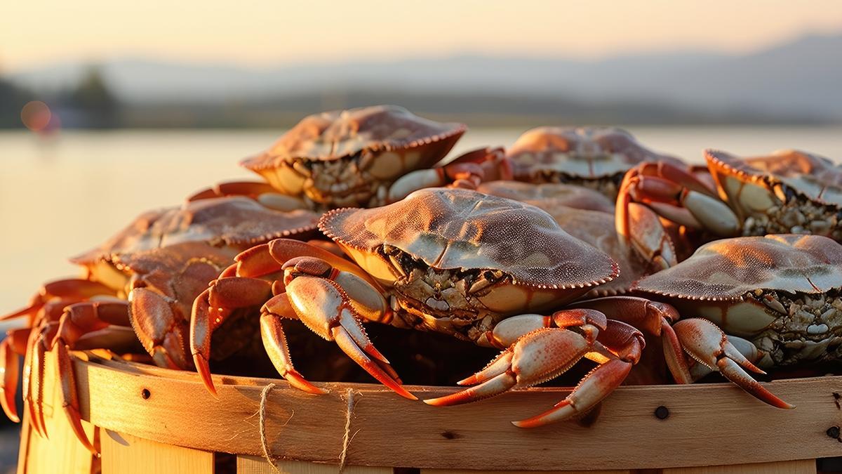 Article Cards Featured Image Male Dungeness crabs observed in a Canadian crab trap on a dock With copyspace for text