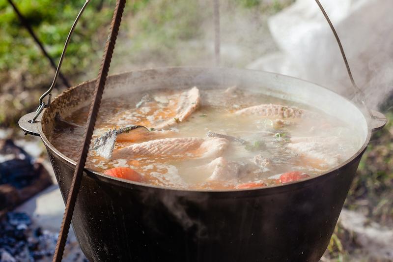 Medieval food stew in a pot over the fire.