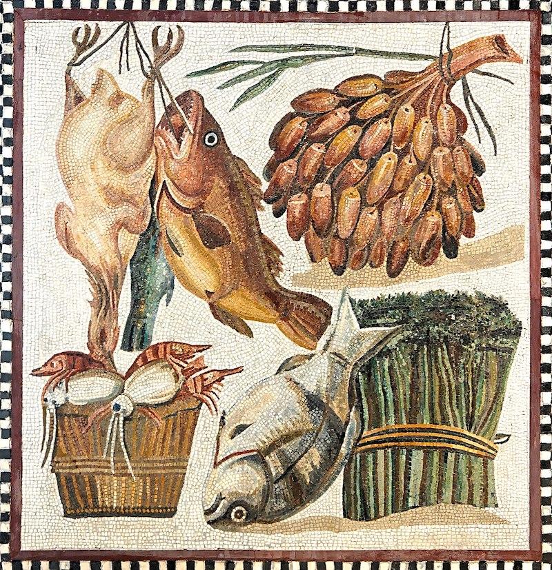 Ancient Seafood Recipes roman mosaic of fish and vegetables.